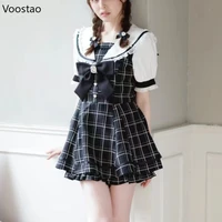 Japanese Gothic Y2k Lolita Plaid Dress Shorts Set Women Sweet Bow Sailor Collar Puff Sleeve Party Dresses Female A-Line Dress 5