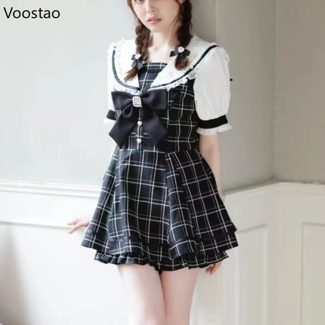Japanese Gothic Y2k Lolita Plaid Dress Shorts Set Women Sweet Bow Sailor Collar Puff – view 5