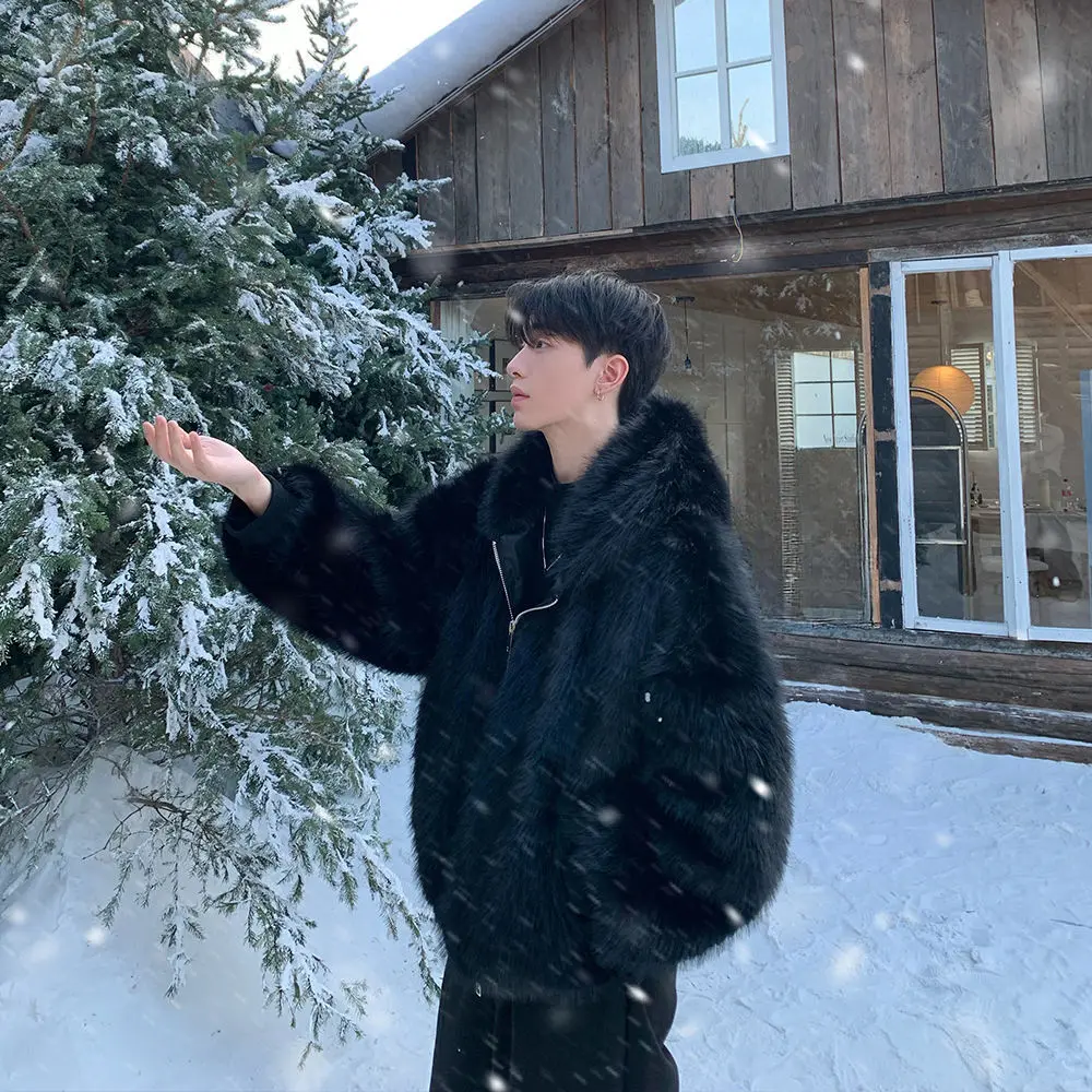 معاطف رجالية من الفرو الصناعي سترات بقلنسوة وسحاب معطف سميك ملابس الشارع الشهير سترة غير رسمية بأكمام كاملة ملابس خارجية للعمل لخريف وشتاء 2025