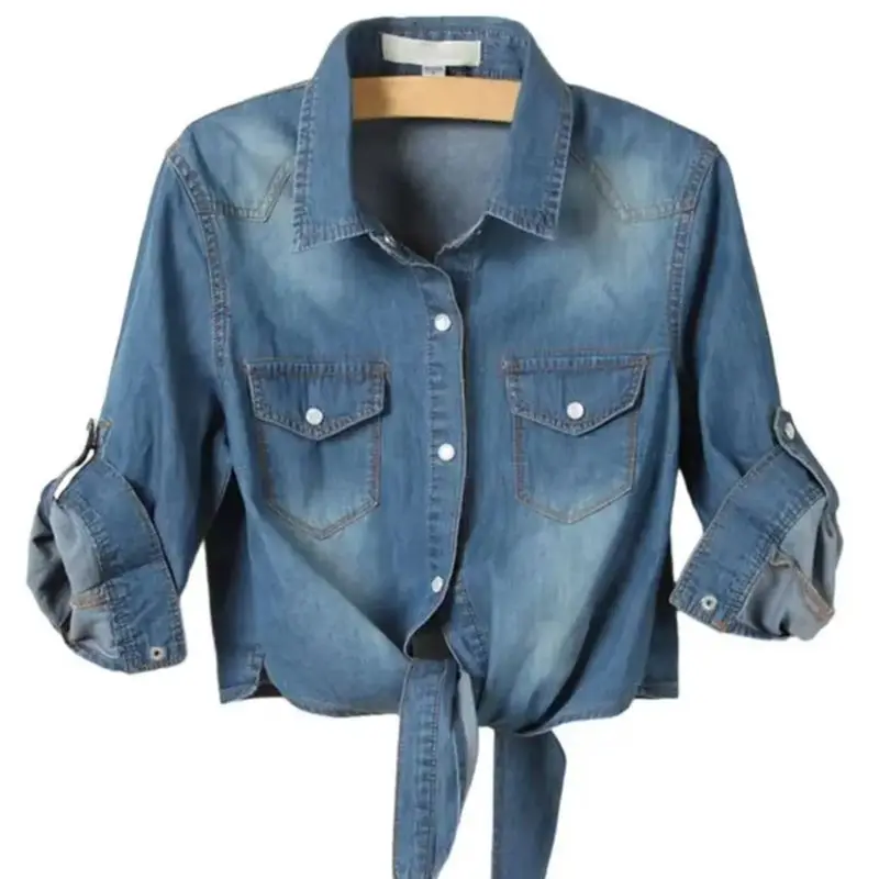 

Women Lightweight Jacket Women Loose Jacket Chic Half-sleeve Women's Cardigans Turn-down Collar Lace-up Design Shirt