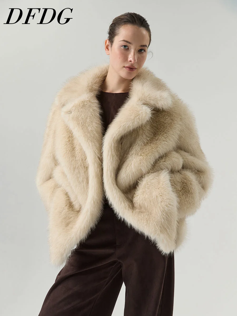DFDG 2026 Women Wide Lapel Faux Fur Cropped Coat Drop Shoulder Loose Plush Thick Warm Jacket Luxury Outerwear Ladies Winter Fur