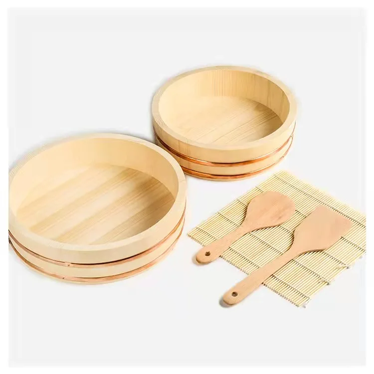 

high-quality China Supplier Top Wooden Sushi Rice Mixing Tub With Copper Circle Japanese Barrel