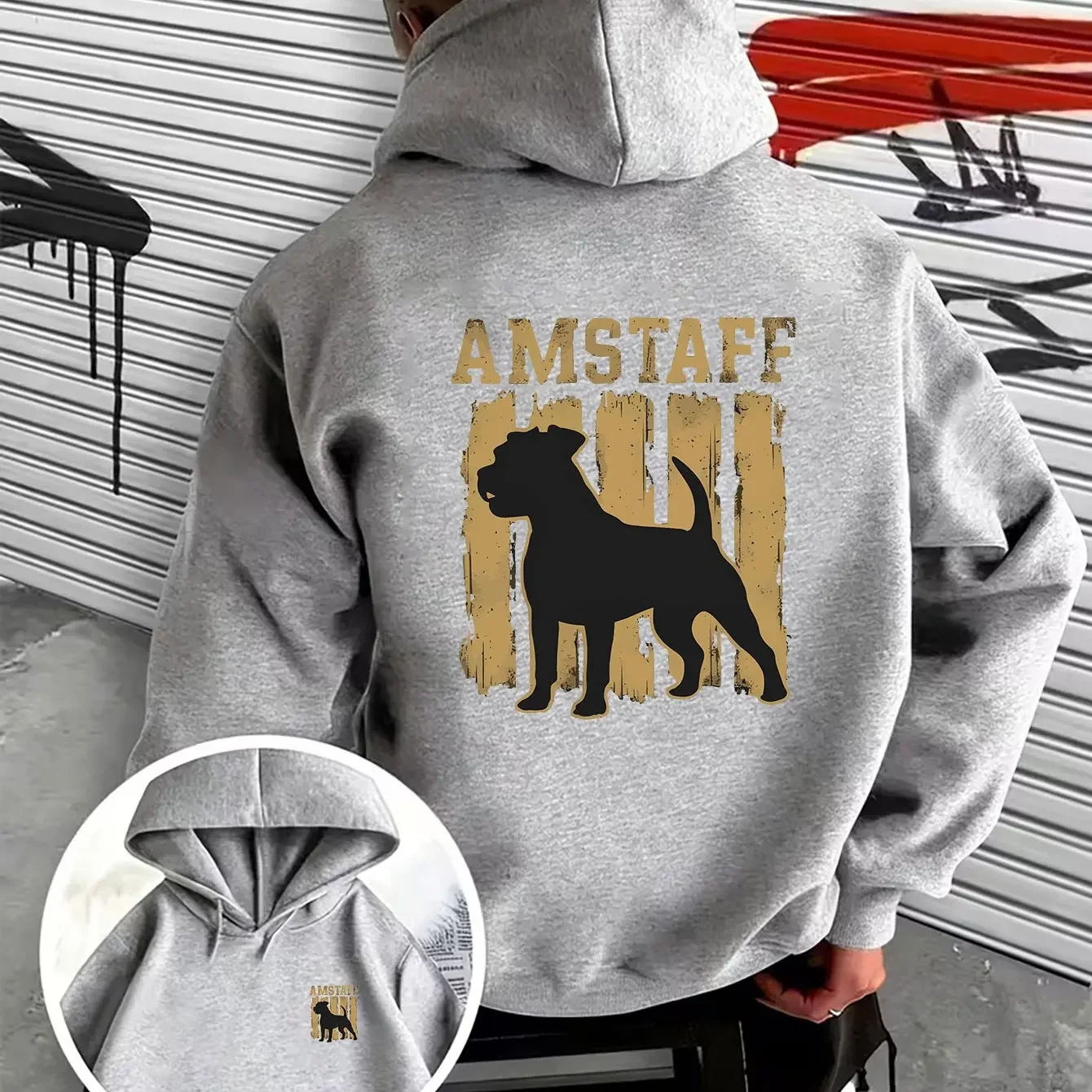 Retro Vertical Striped Pitbull Type Dog Graphic Double Sided Print Hoodies for Men Loose Long Sleeve Casual Tops
