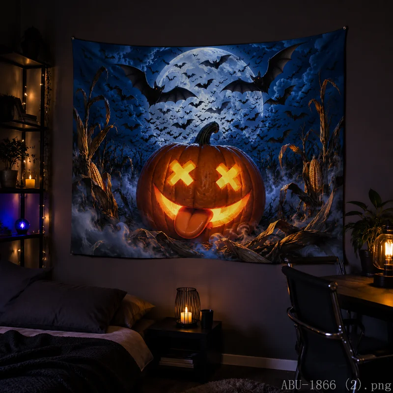VIKAMA Evil Pumpkin Halloween Tapestry Flame Swirl Autumn Maple Wall Hanging for Living Room Decor