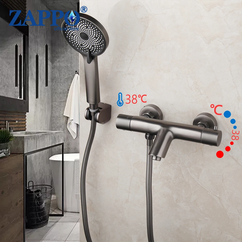 ZAPPO Bathroom Gun Gray Thermostatic Shower Set Faucet w/ Hand Sprayer Rainfall Shower Bathtub Mixer Hot Cold  Faucet Tap Set