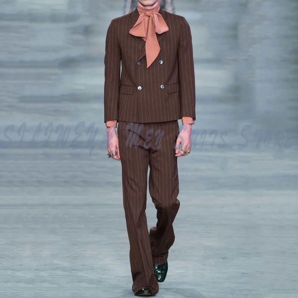 

Мужской костюм в полоску с длинными рукавами, двубортный, из 2 предметов: пиджак и брюки, модная роскошная мужская одежда, классический стильный комплект с блейзером