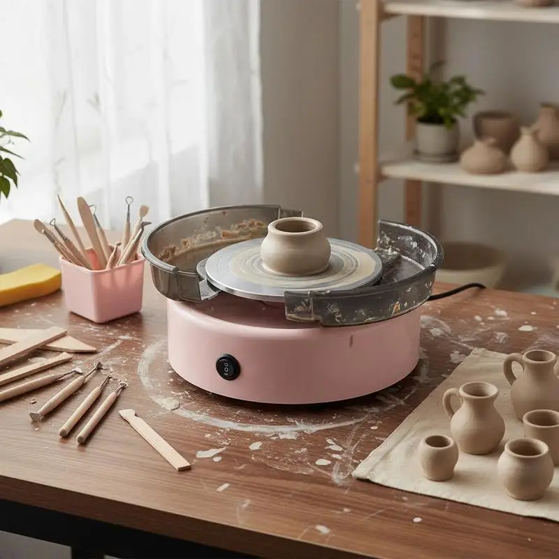 

Ceramic Forming Machine 6 inch Turntable For Home DIY Pottery Classes School Teaching, Forward Reverse Rotation Adjustable Speed Pink Shaping Tools Kit Included