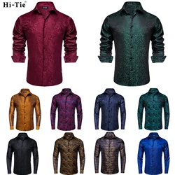 Hi-Tie Jacquard Paisley Burgundy Solid Men Silk Shirt Long Sleeve Lapel Shirt Blouse Outerwear Wedding Office Breathable Quality