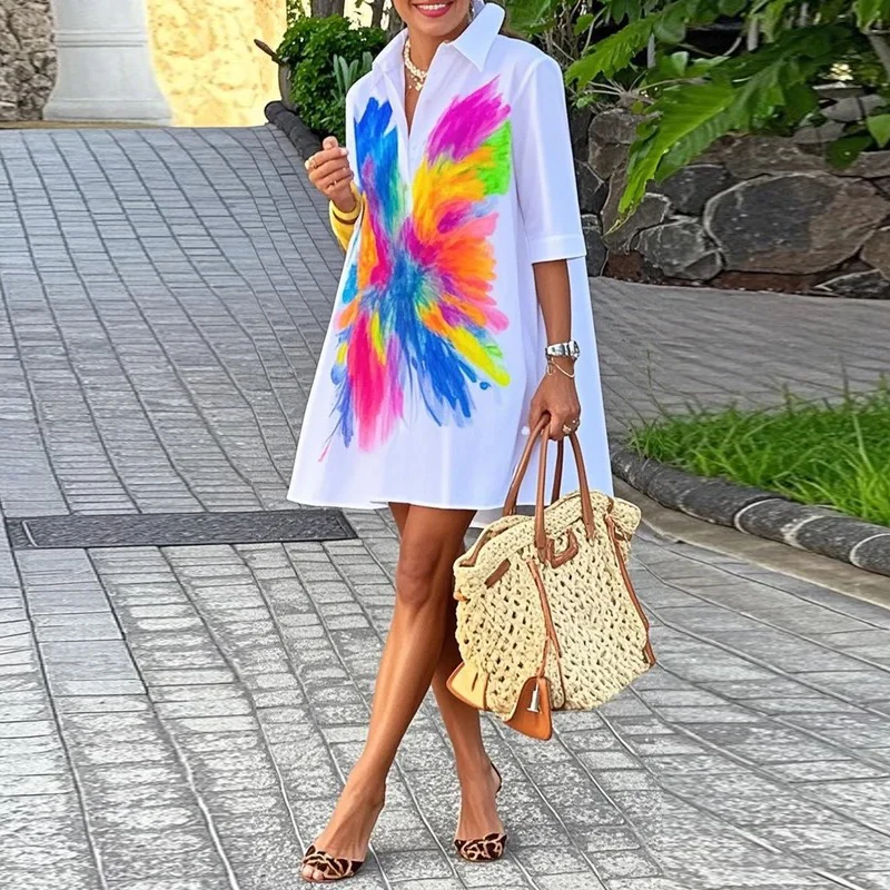 Mini abiti stampati da donna estivi 2026 Nuovo colore a contrasto risvolto abbottonato semplice casual vacanza abito camicia a trapezio per donna