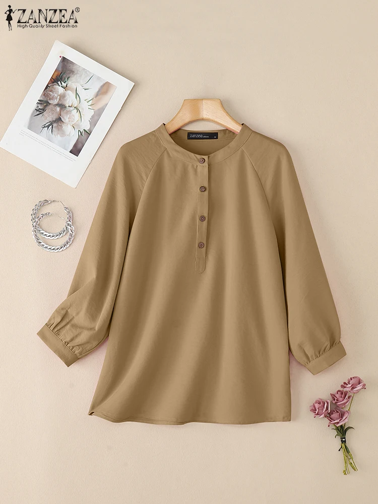 ZANZEA Women Casual 3/4 Sleeve Blouses 2025 Autumn Half Buttons Round Neck Blusas Mujer Everyday Wear Solid Color Tops