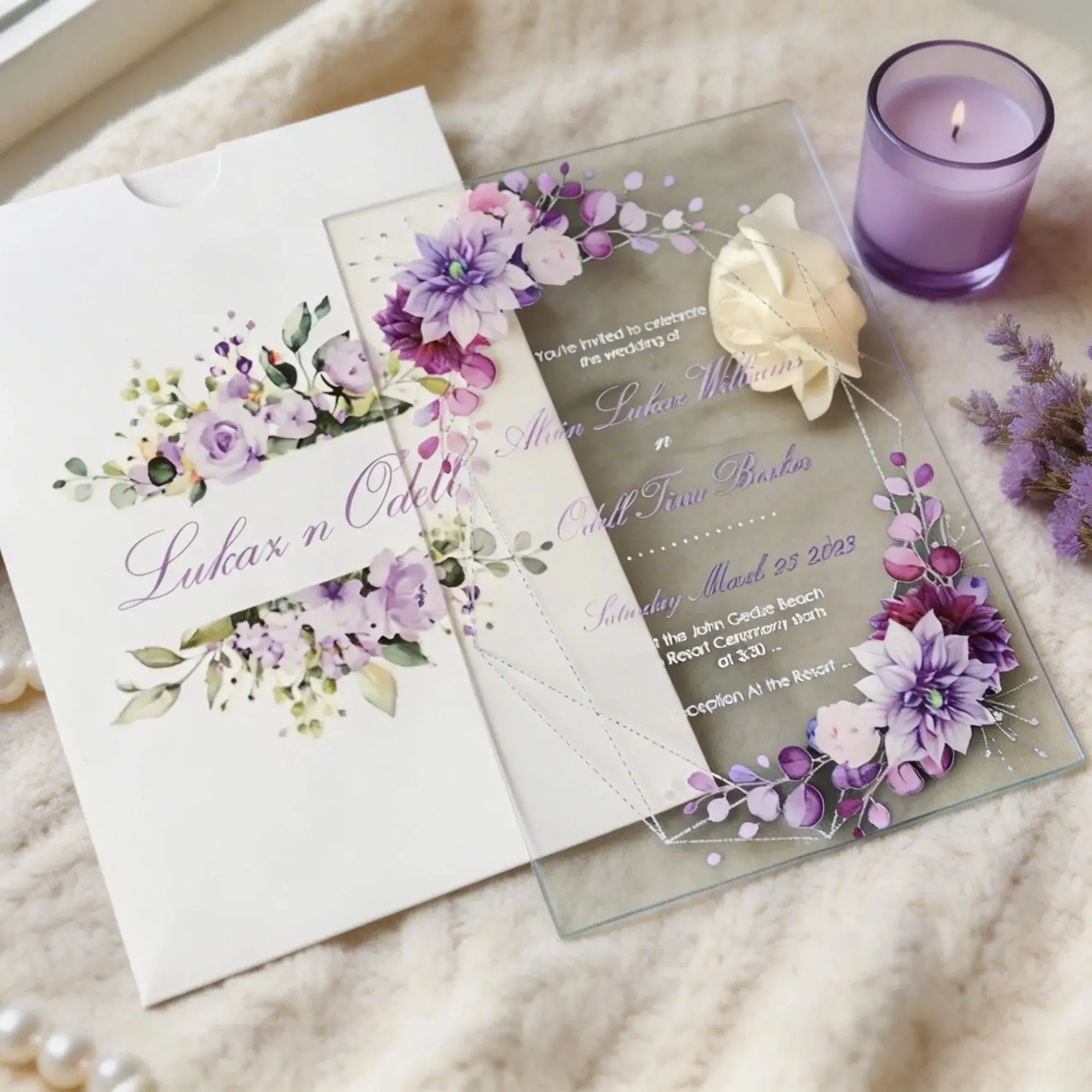 

10pcs Custom Purple Floral Acrylic Wedding Invitation,Personalized Pocket Envelopes,Quinceanera Invitation for Party Decoration