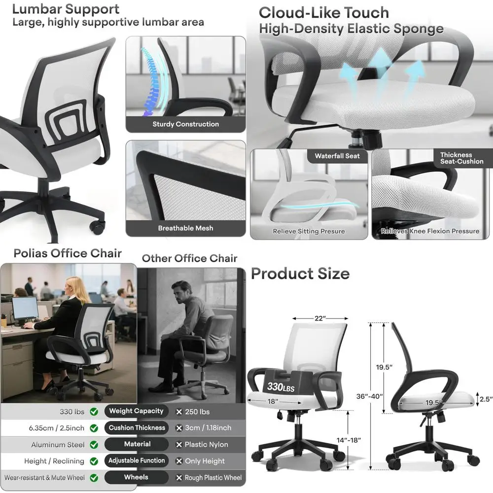 

Ergonomic Breathable Mesh Chair with Lumbar Support, Adjustable Swivel for Home Office & Gaming, Supports Up to 330lbs