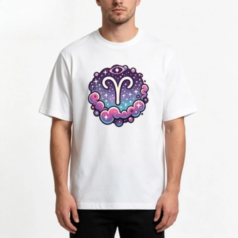 Tshirt Dreamy Nebula Aries Zodiac Badge Design Star Moon Mystic Art Pattern Astrology Enthusiast Casual Outdoor Holiday Top
