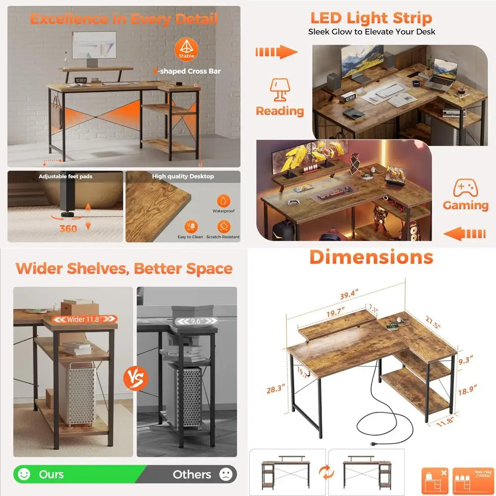 

Реверсивный L-образный игровой стол с местом для хранения и подставкой для монитора, идеально подходит для учебы и письма