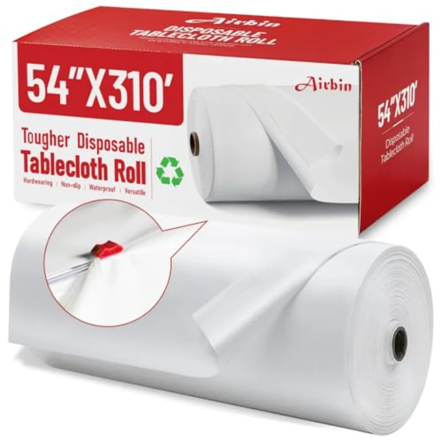 

Disposable White Plastic Tablecloth Roll 310 Ft x 54 In for Outdoor Picnics Indoor Parties Birthday Celebrations Weddings Event