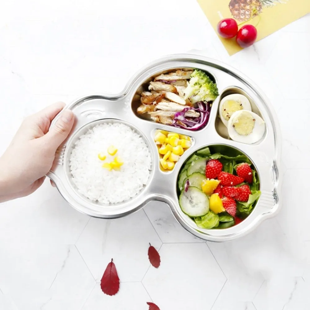 Rustless Steel Divided Plate Independent Separated Cute Cartoon Print Cartoon Tray Raised Anti-spill Edge Thickened Meal Dish