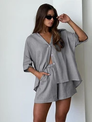 Marthaqiqi-Pyjama à manches longues et col rabattu pour femme, vêtements de nuit décontractés pour la maison, chemise de nuit pour femme, short, 2 pièces