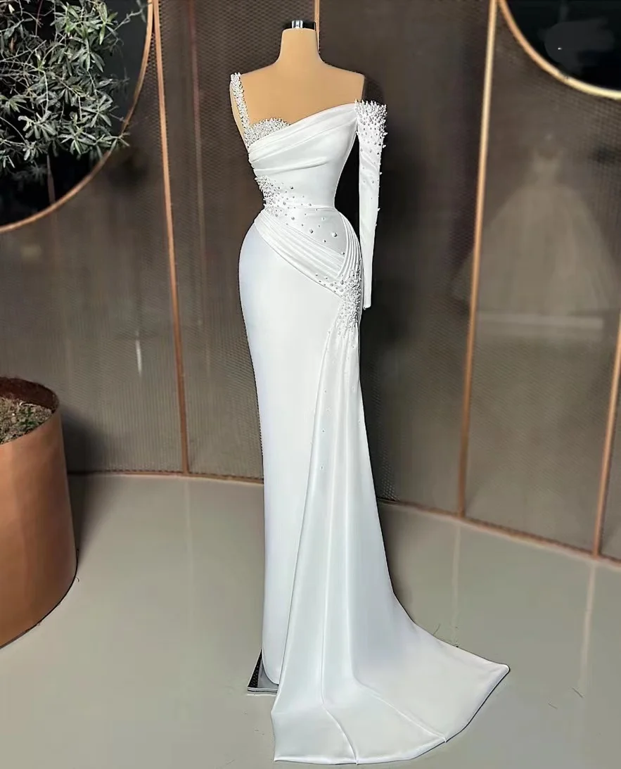 2023 New White One Shoulder Mermaid Prom Dress Puff Long Sleeves Sweep Train Sequins Beads Formal Evening Gowns Custom