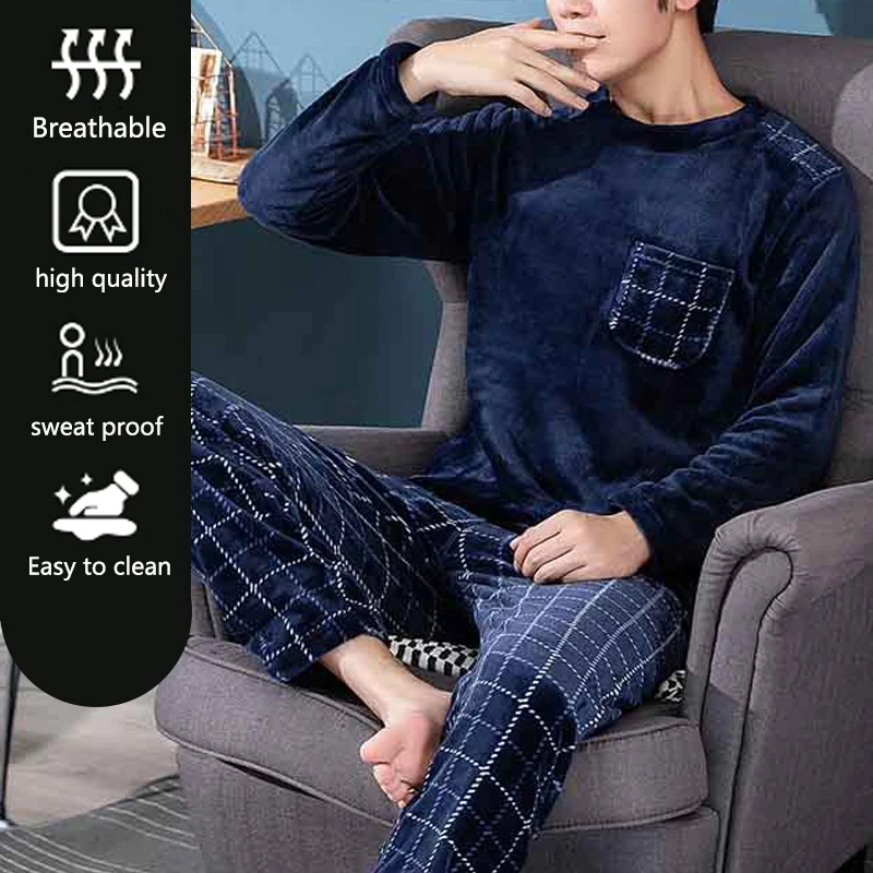 2pcs/Set Fall And Winter Facecloth Men\'s Pajamas Padded Thickened Warm Long-Sleeved Teenagers Coral Fleece Homewear boy clothes