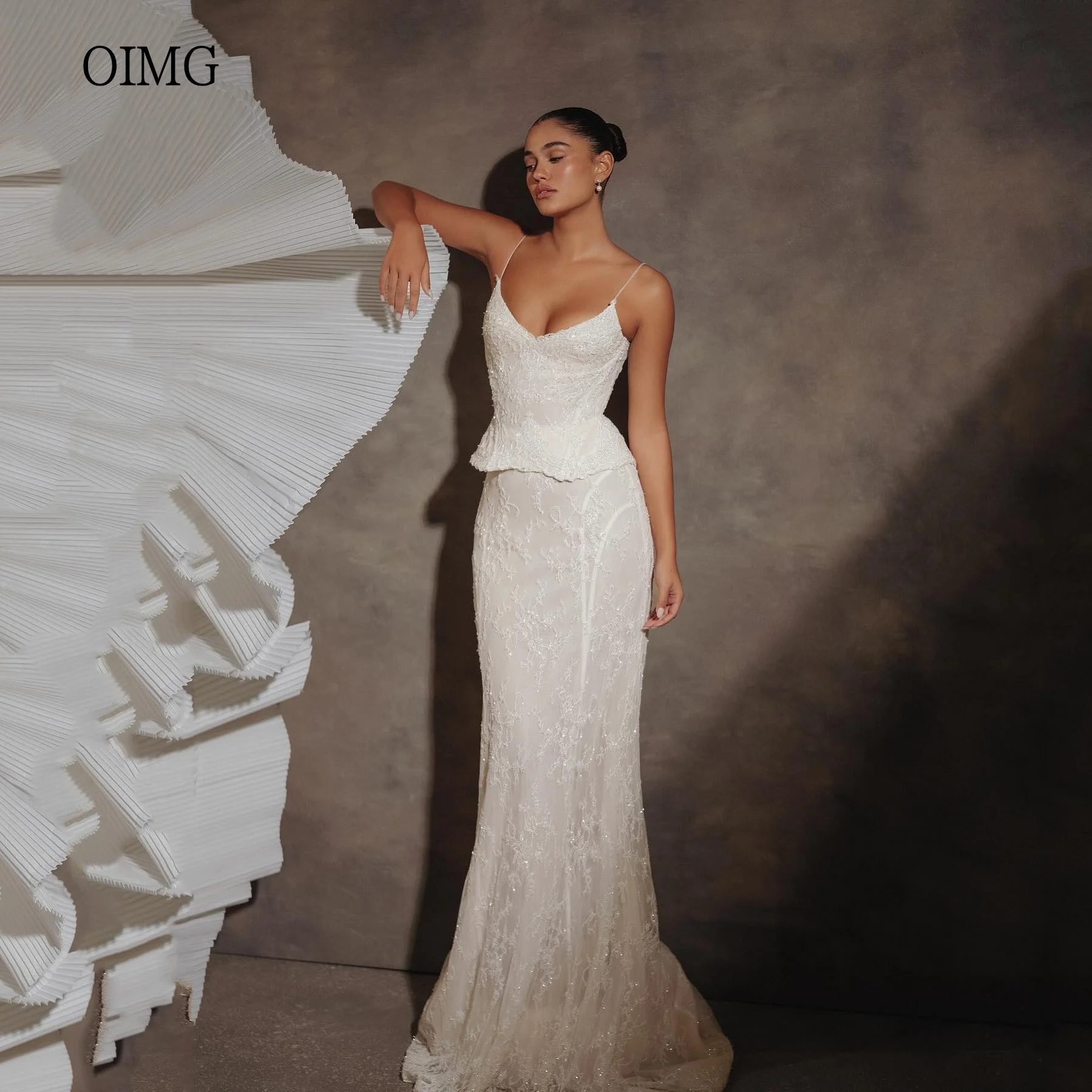 OIMG Ivory Mermaid Wedding Dress Lace Spaghetti Strap Bride Dresses Princess Floor Length Wedding Gowns Customized