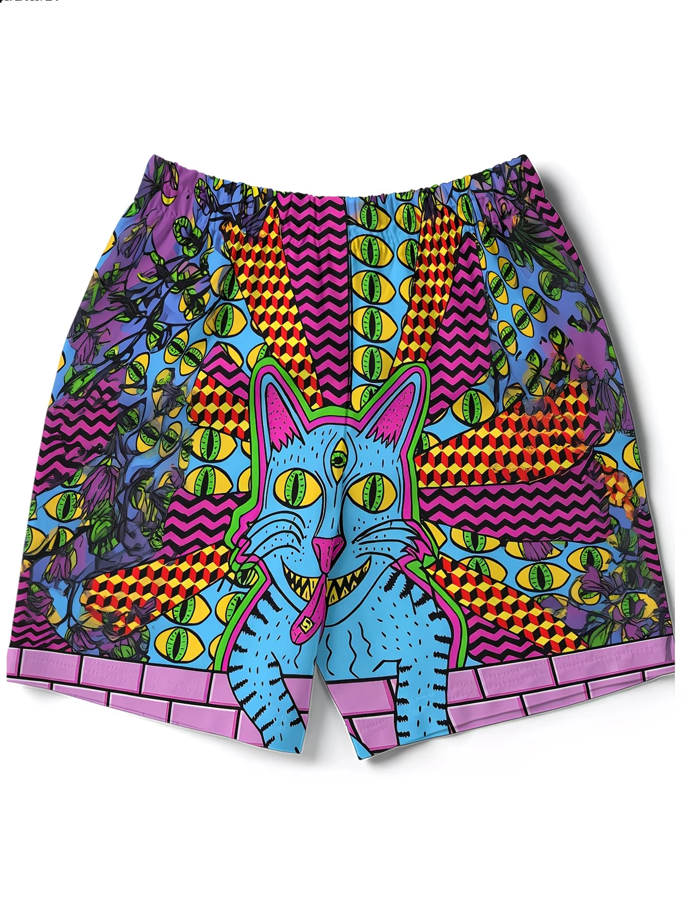 Men Psychedelic Cat Eye Print Swim Trunks Elastic Drawstring Waist With Pockets Retro Trippy Colorful Graffiti Graphic Casual Be