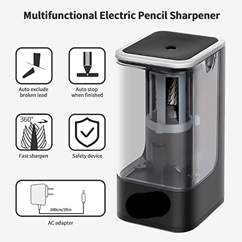 Black White Professional Electric Sharpener Pencil Electric Heavy Duty Mechanical Automatic For Kids