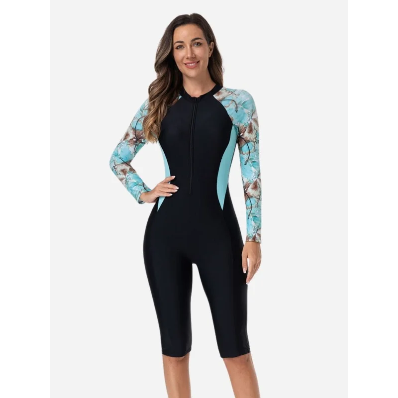 

Цветочный принт Женский купальник с длинным рукавом Передняя молния One Piece Rash Guard Купальники Серфинг Пляжная одежда Комбинезон Купальный костюм