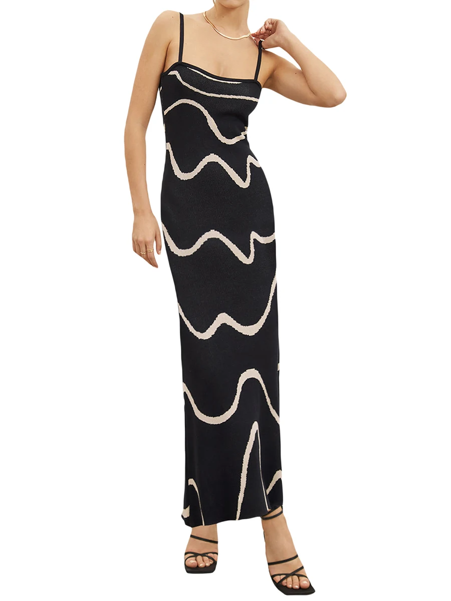 

Wavy Print Bodycon Dresses for Women 2023 Summer Knit Hollow Out Sexy Night Out Midi Dress Sleeveless Long Cut Out Dress