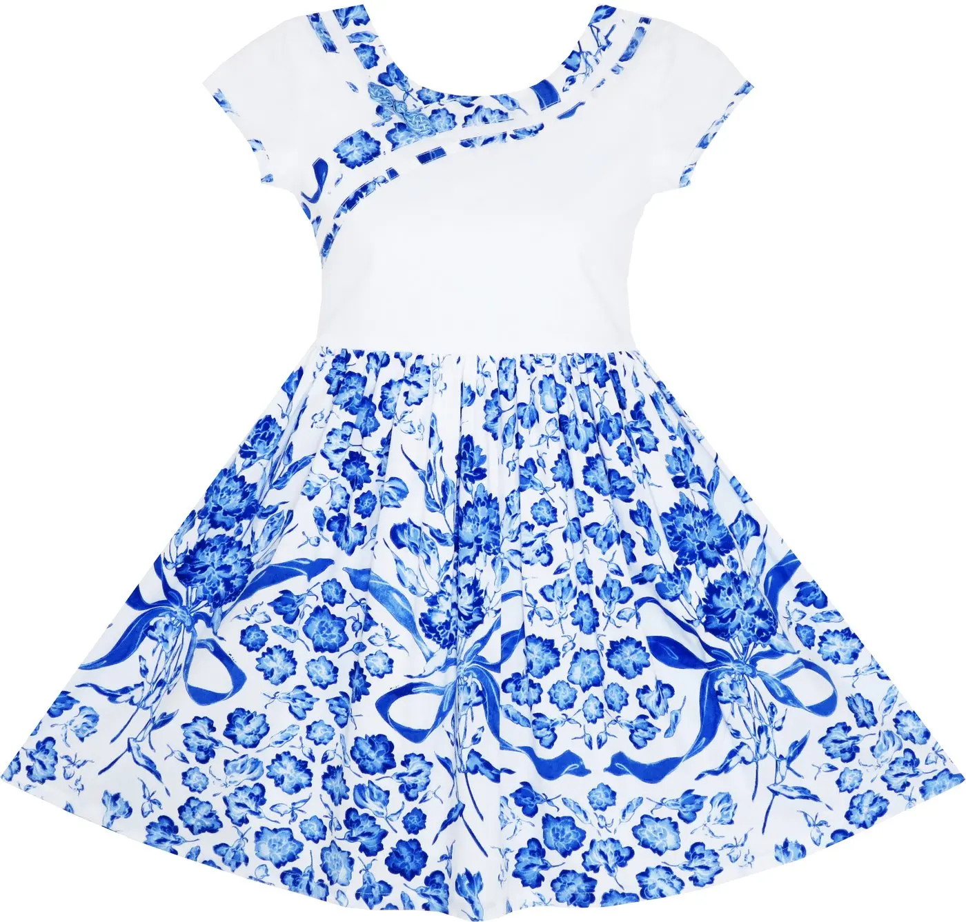 Girls Dress Blue White Porcelain Floral Printed Pageant Holiday