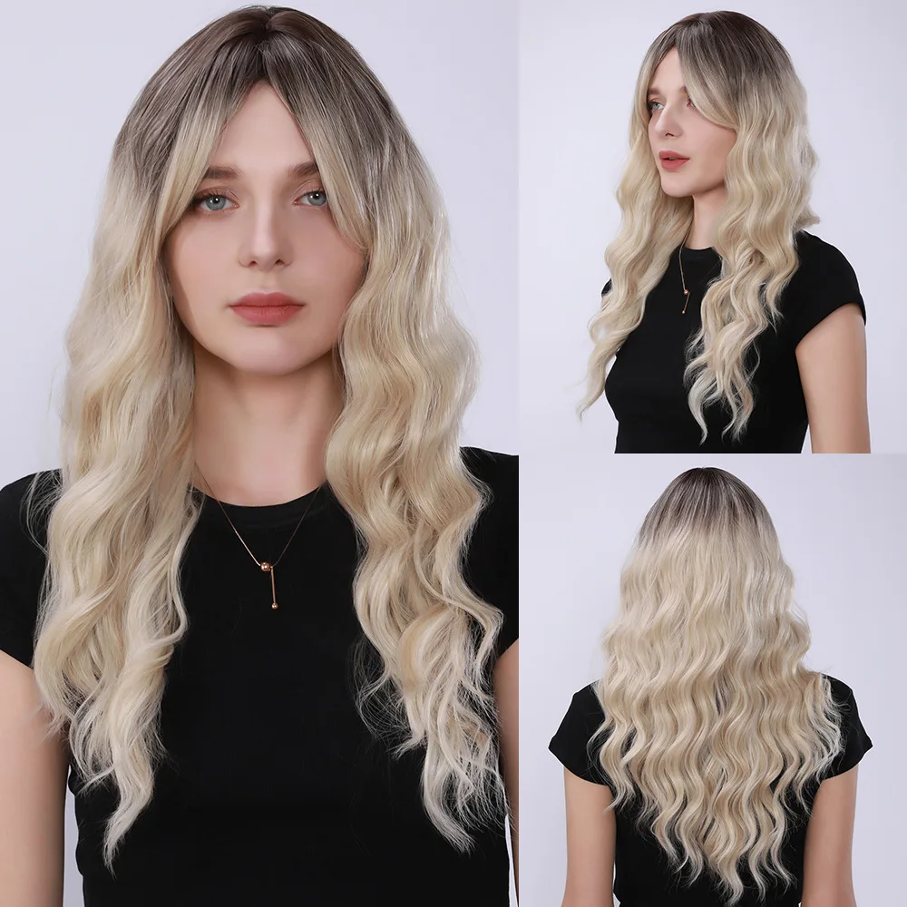 

Wig women 26inch wool curl long curly hair natural gradual change blond wig full head cover water ripple chemical fiber wig