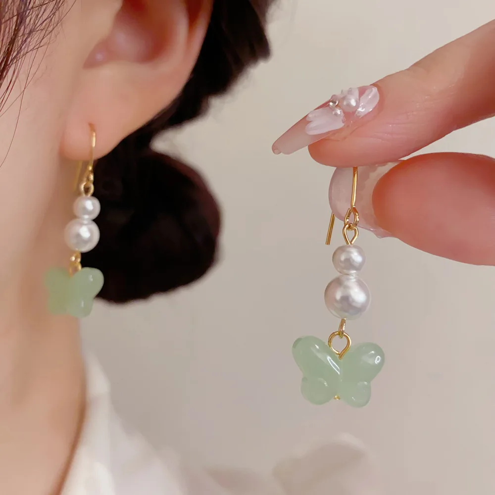 Translucent Green Butterfly Dangle Earrings Double Pearl Stacked Long Drop Jewelry Gentle Sweet Summer Fresh Vacation Style Deco