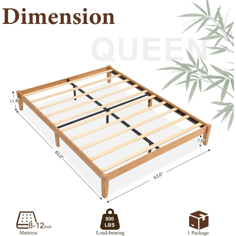 Bamboo Queen Platform Wood Bed Frame, Japanese Joinery, Noise-Free