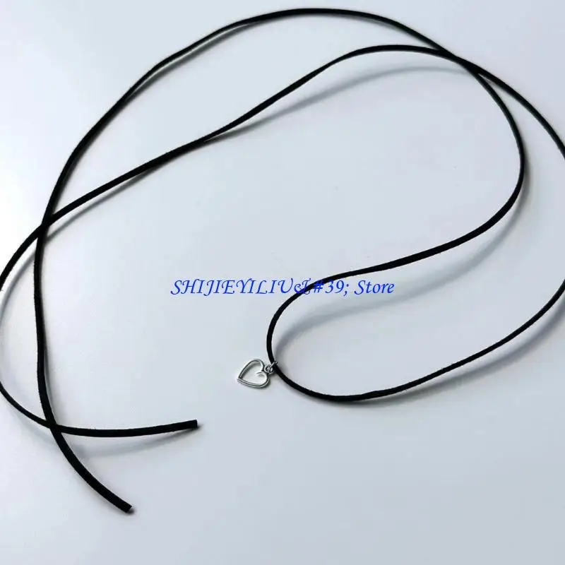 E21F Long Rope Chain Necklace with Heart Charm for Women Adjustable Hollow Out Heart Collarbone Chain Neck Chain Birthday