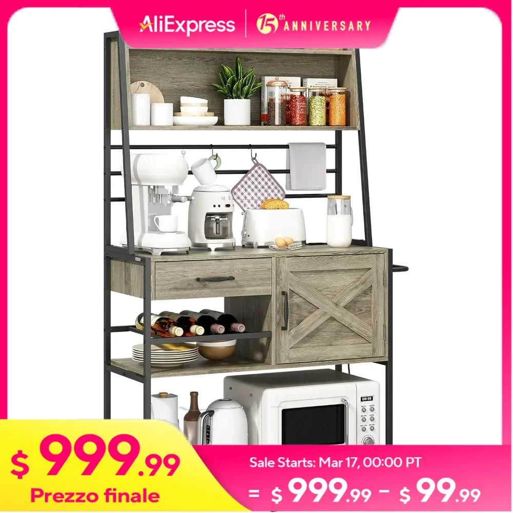 

Bakers Rack with Power Outlets, Kitchen Microwave Oven Stand with Shelves, Industrial Coffee Bar Station Table with Wine Rack