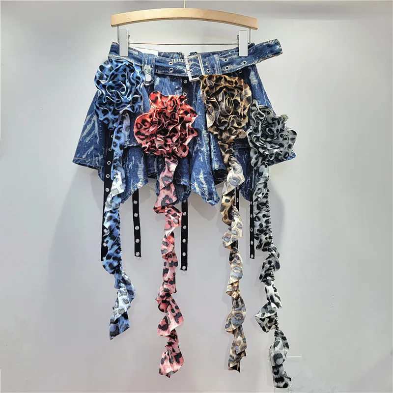 3D Flowers Decor Irregular Ruched Denim Skirt A-Line Leopard Printed Holes Ribbons Floral Mini Dress with Underwear Cowboy Skirt