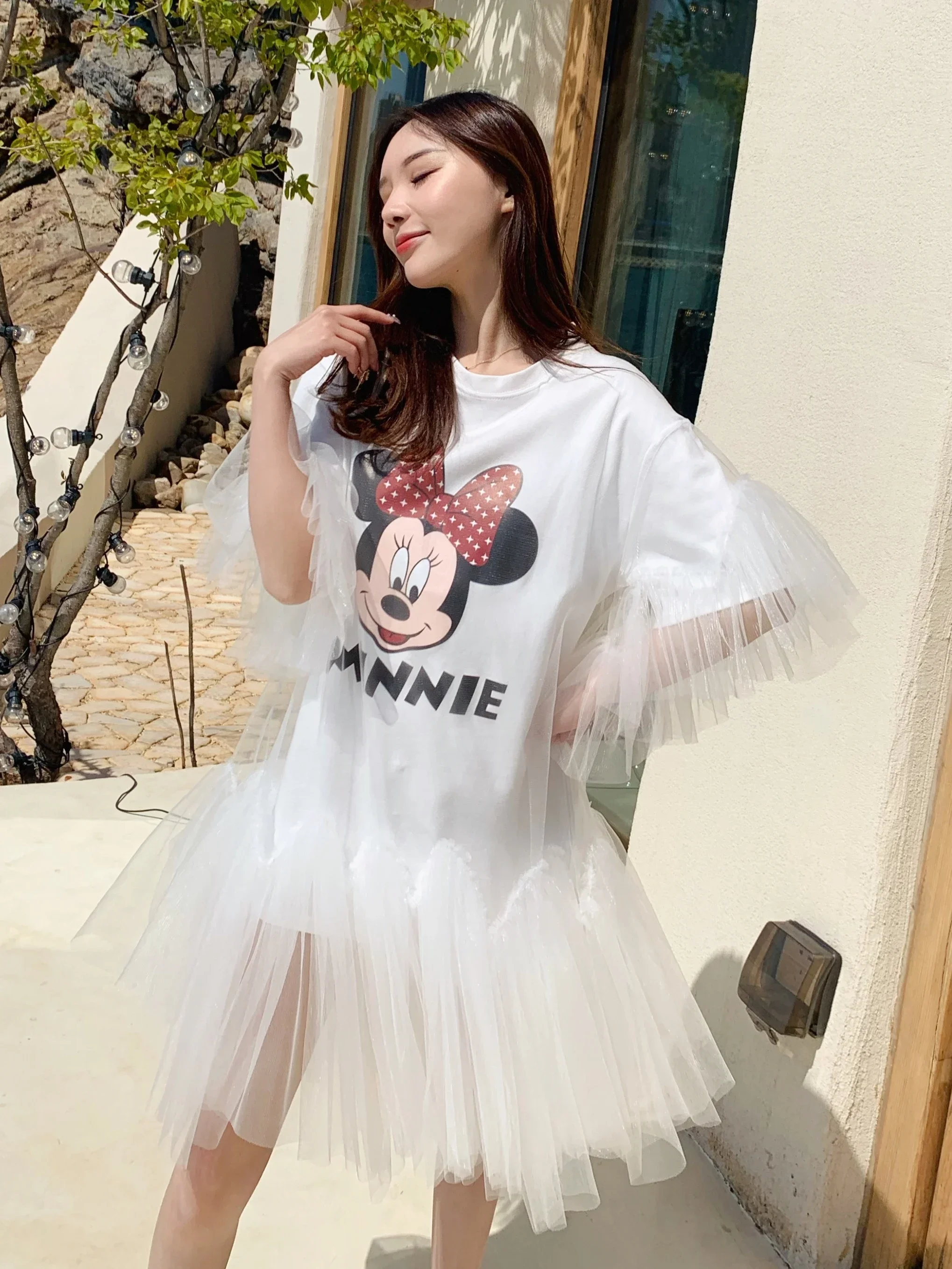 Summer New Sweet Cartoon Printed Short Sleeve Loose T-shirt Women Stitching Puffy Mesh Yarn False Two Pieces Veil T-shirt Dress