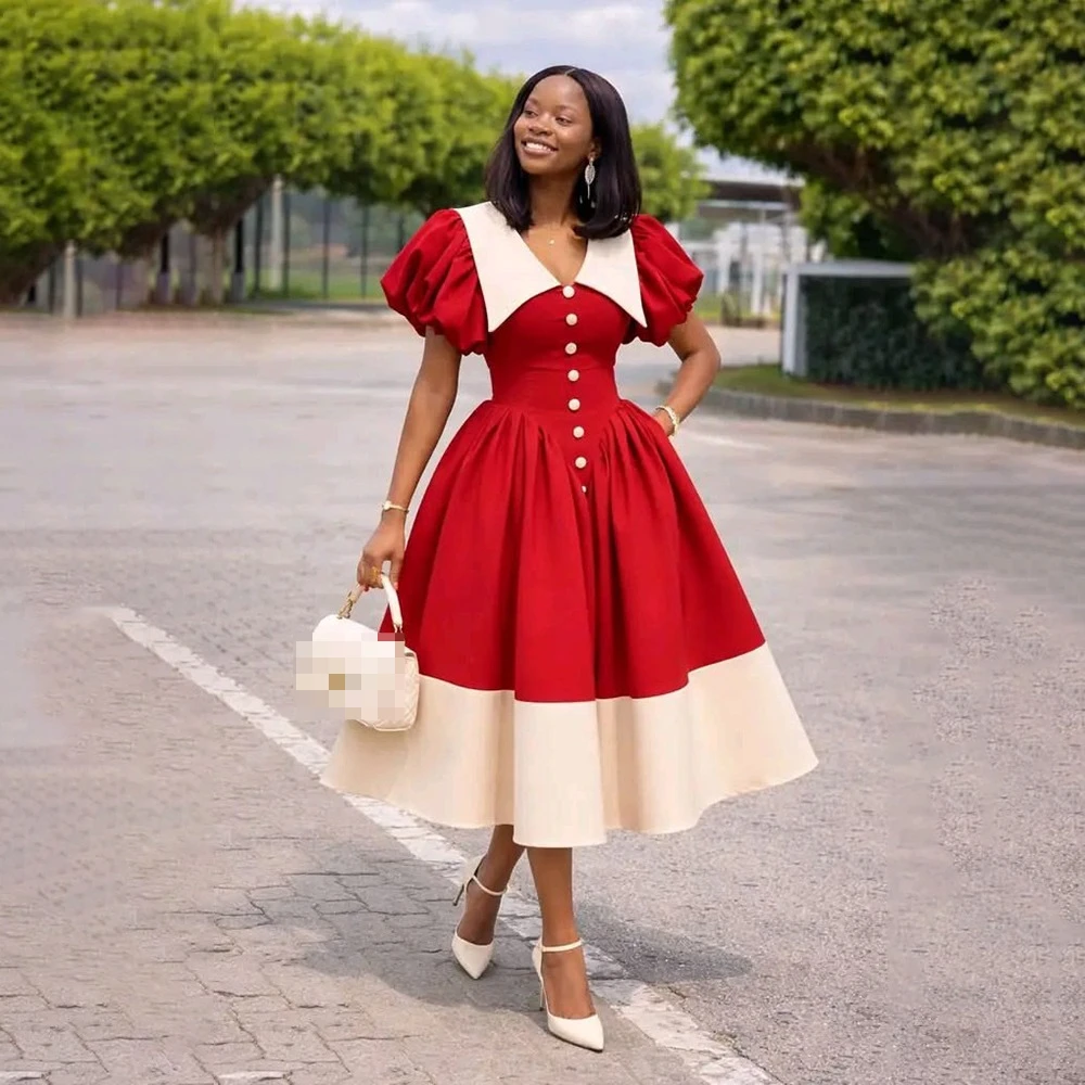 Customized Red White Color Block Midi Dress Women Puff Sleeve Big Collar A Line Swing Formal Party Dress Custom Made
