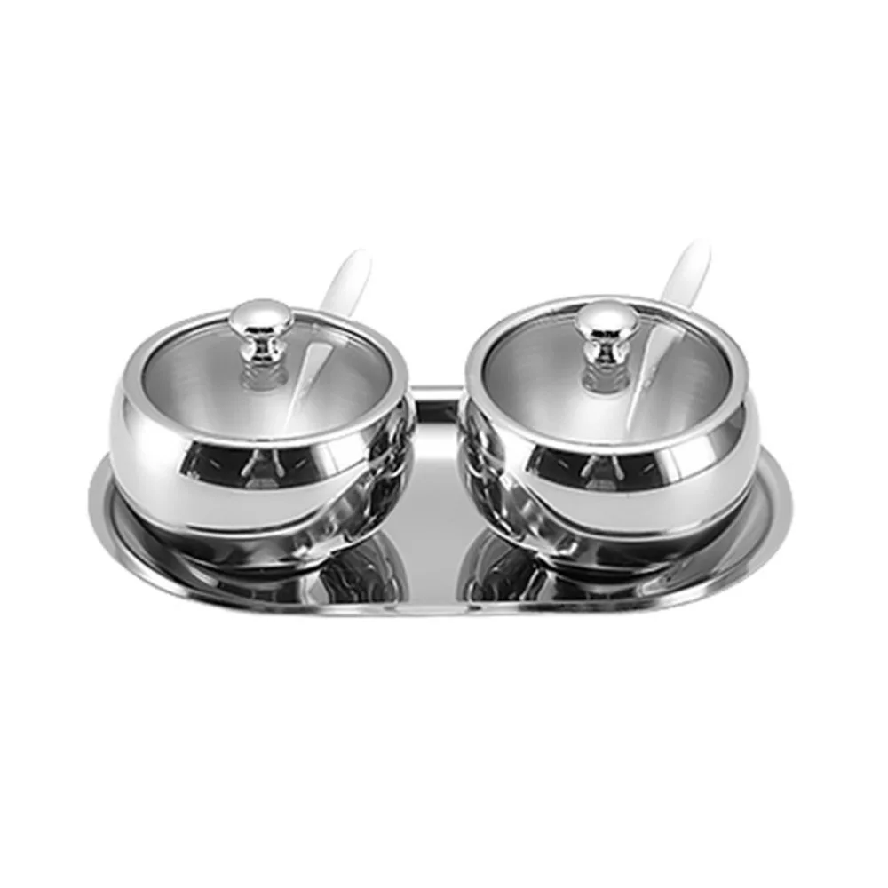

304 Stainless Steel Spherical Sugar Cube Bowl Rust-proof Moisture-proof Spice Jar Corrosion-resistant with Spoon and Tray