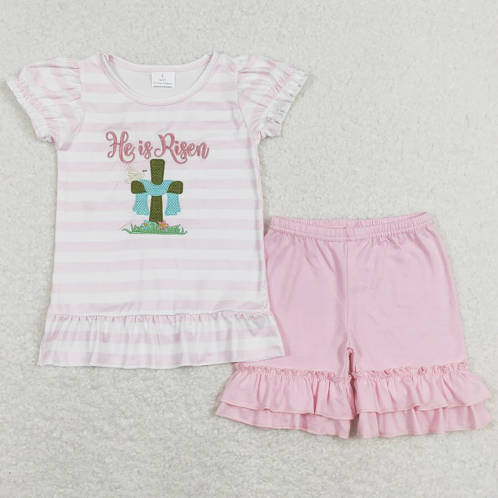 Hot Sale Baby Girls Clothes Easter He Is Risen Cross Embroidery Sibling Clothing Boys Outfits Boutique Boys Clothing Girls Sets