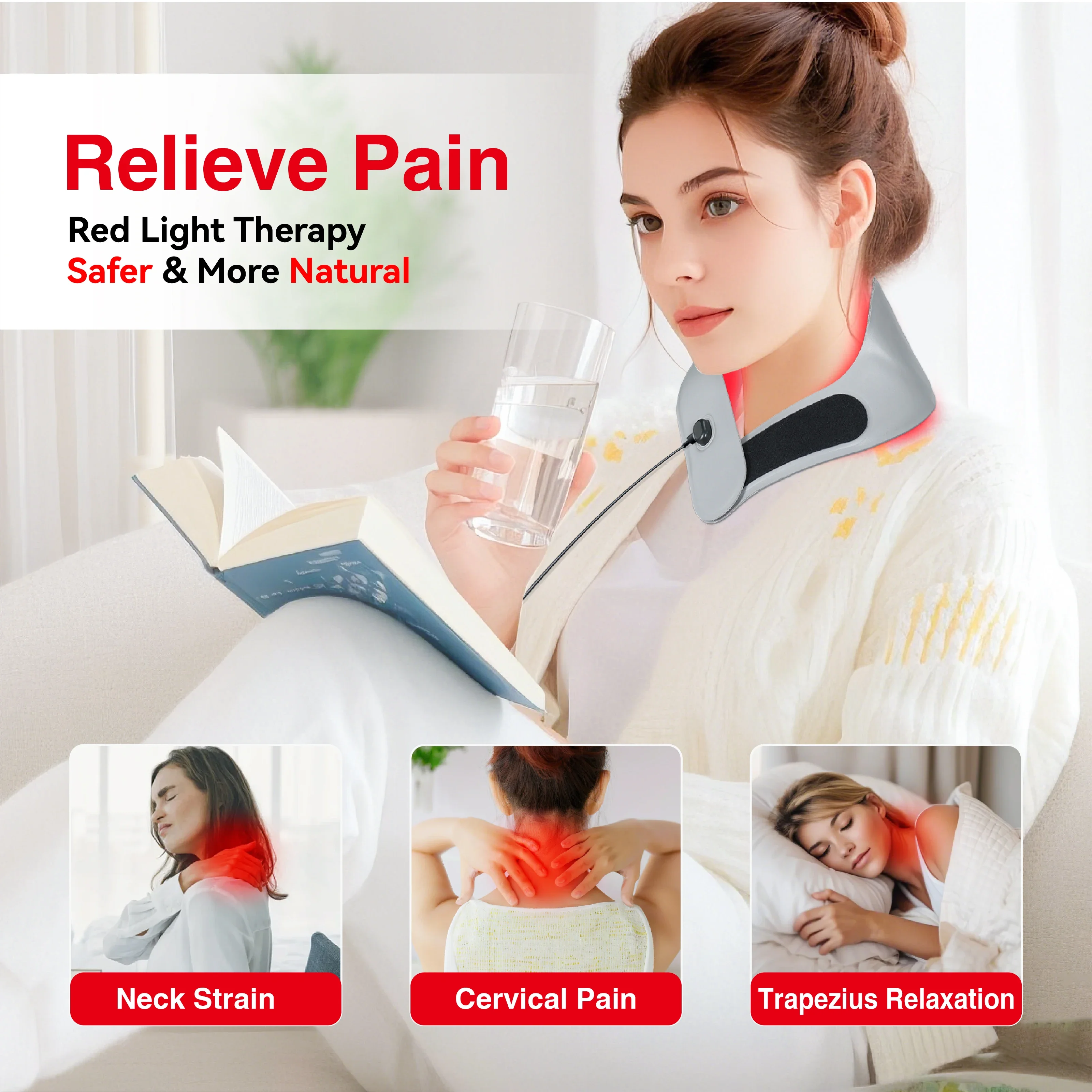 Neck And Shoulder Pain Relief Wrap with Red & near Infrared Light Therapy Built-in Battery Pulse Mode 3 Power Levels for Home An