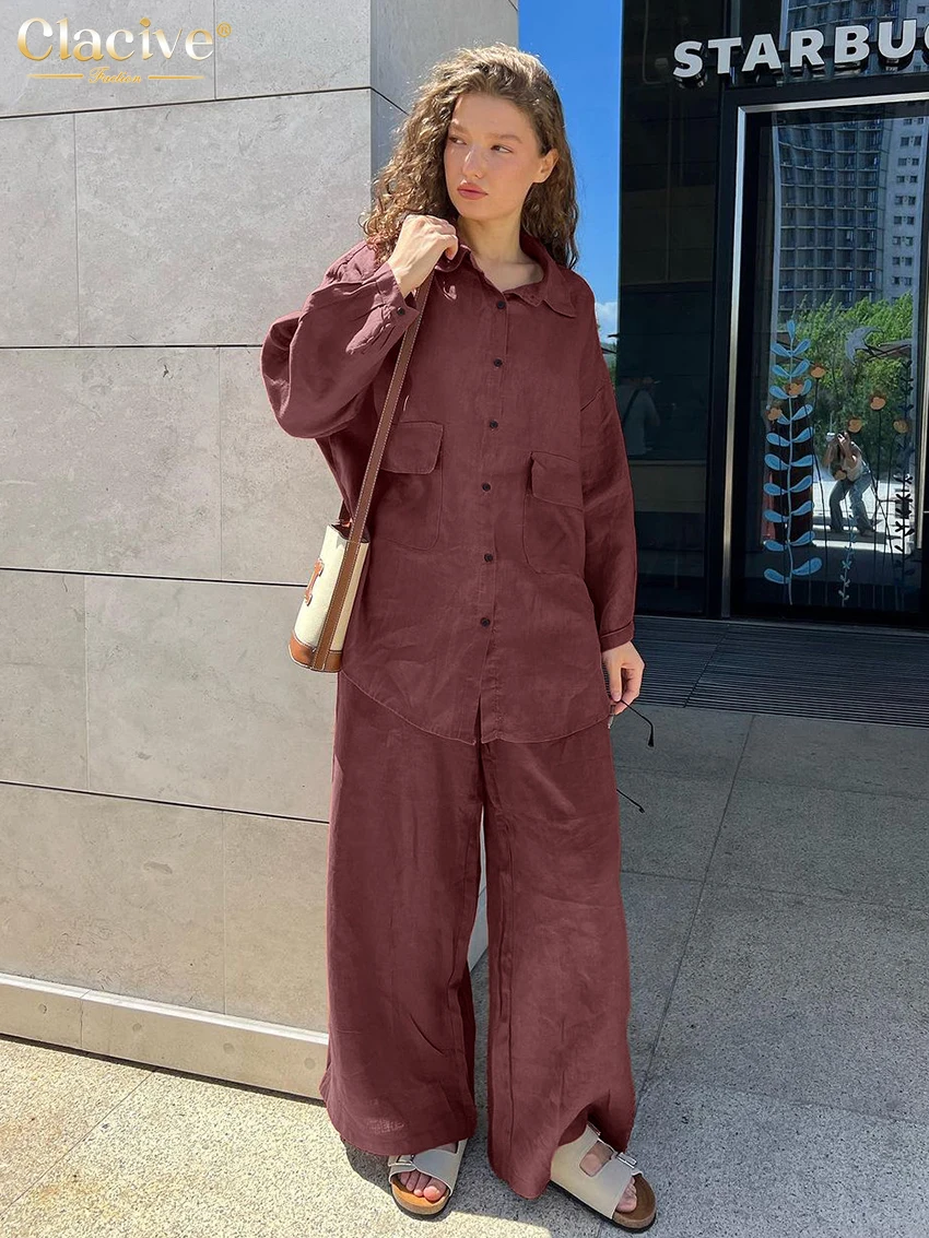 Clacive Fashion Loose Solid Cotton 2 Piece Sets Women Outfit Elegant Long Sleeve Blouse With High Waist Wide Pants Set Female