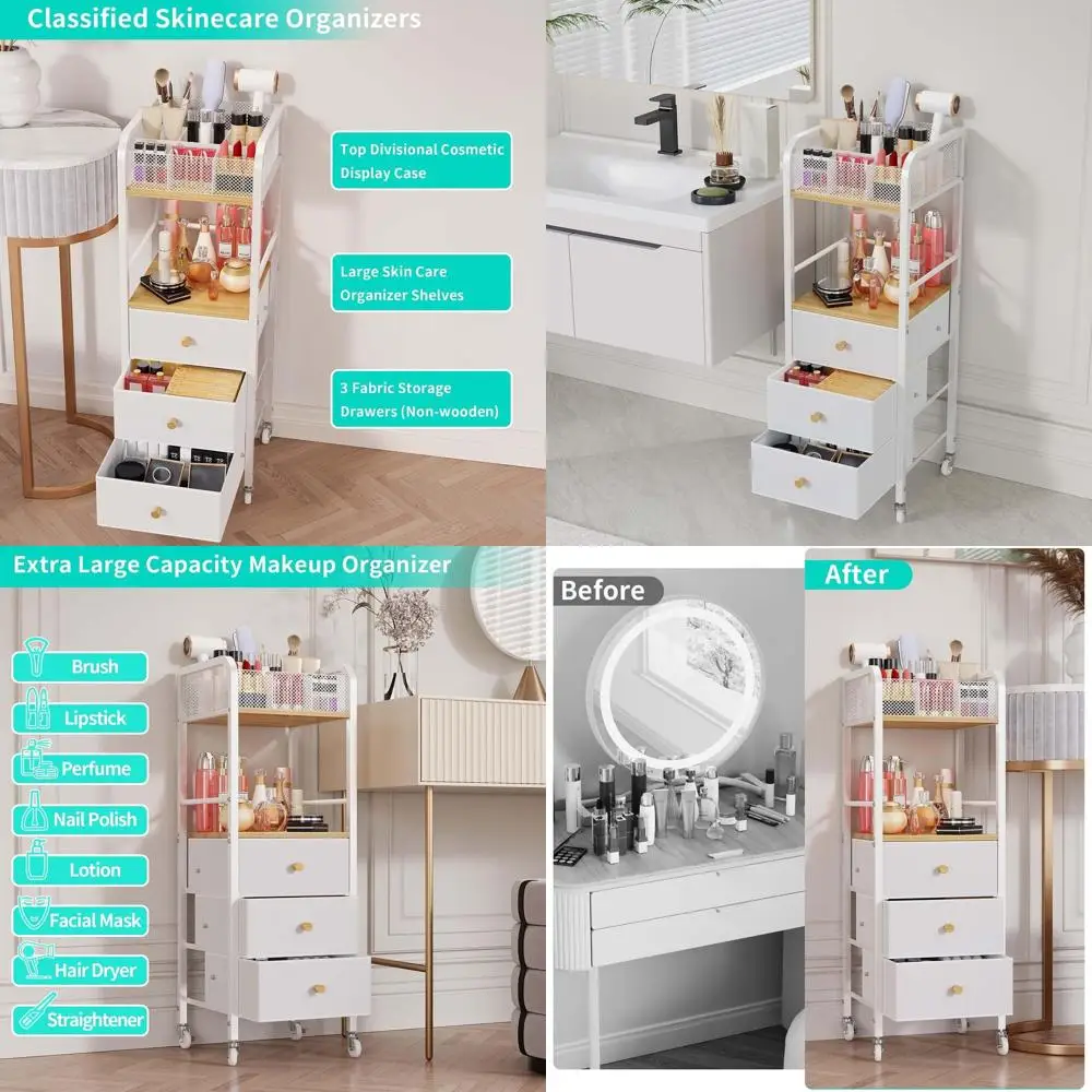 

Floor Makeup Cart Organizer: 3-Drawer Vanity Storage for Skincare, Makeup, and Hair Tools