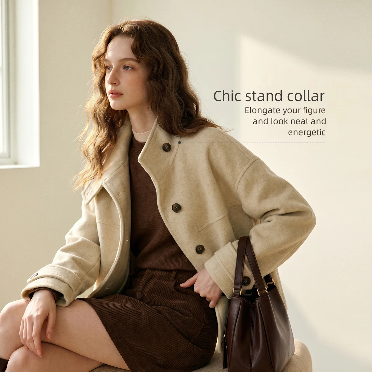 OLrain tweed jacket women's clothing 2026 autumn and winter new khaki French stand-up collar contrasting buttons GO58QS010366