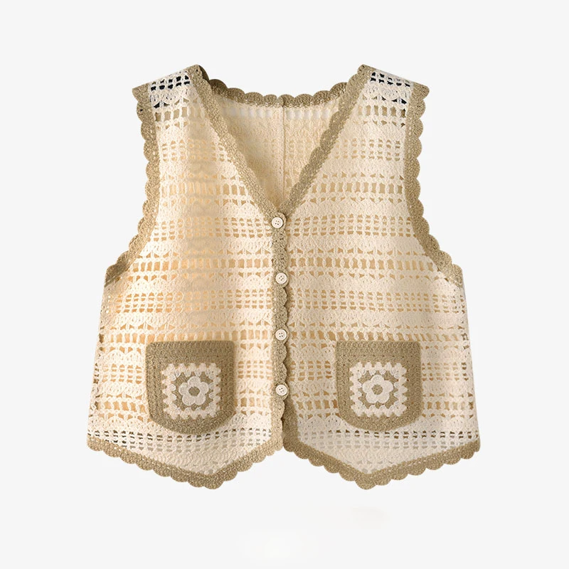 Crochet Waistcoat for Women Sheer Button Front Sleeveless Open-knit Vest Top Teen-girl Summer Boho Vacation Outfit