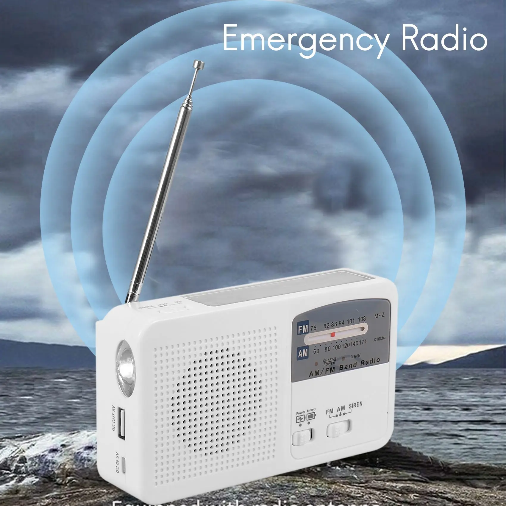 Radio de emergencia con manivela Solar y manual, autoalimentada, batería, carga USB, Radio FM/AM, linterna LED, cargador de teléfono