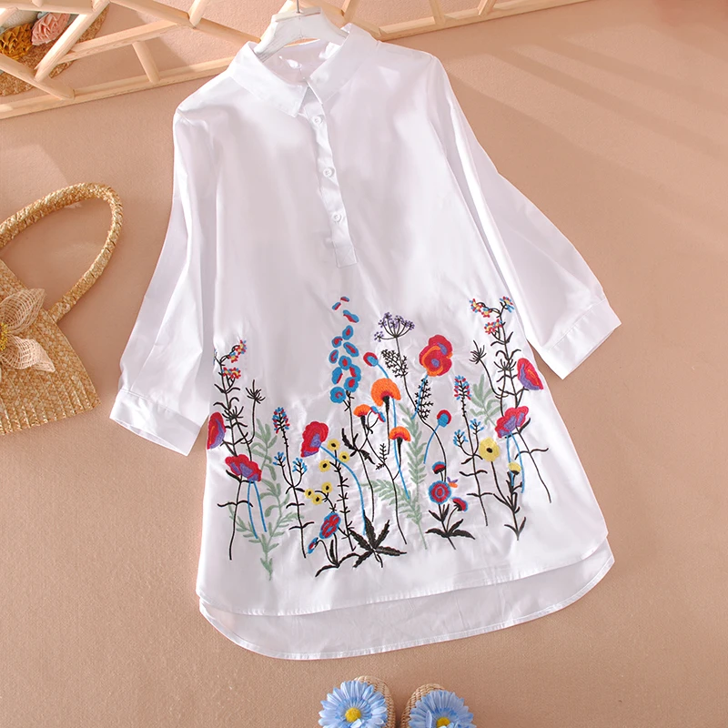 Women\'s Spring Summer Navy Blue Flower Embroidery Long Shirt Female Vintage Loose Casual Plus Size Cotton Shirt Blouse TB720