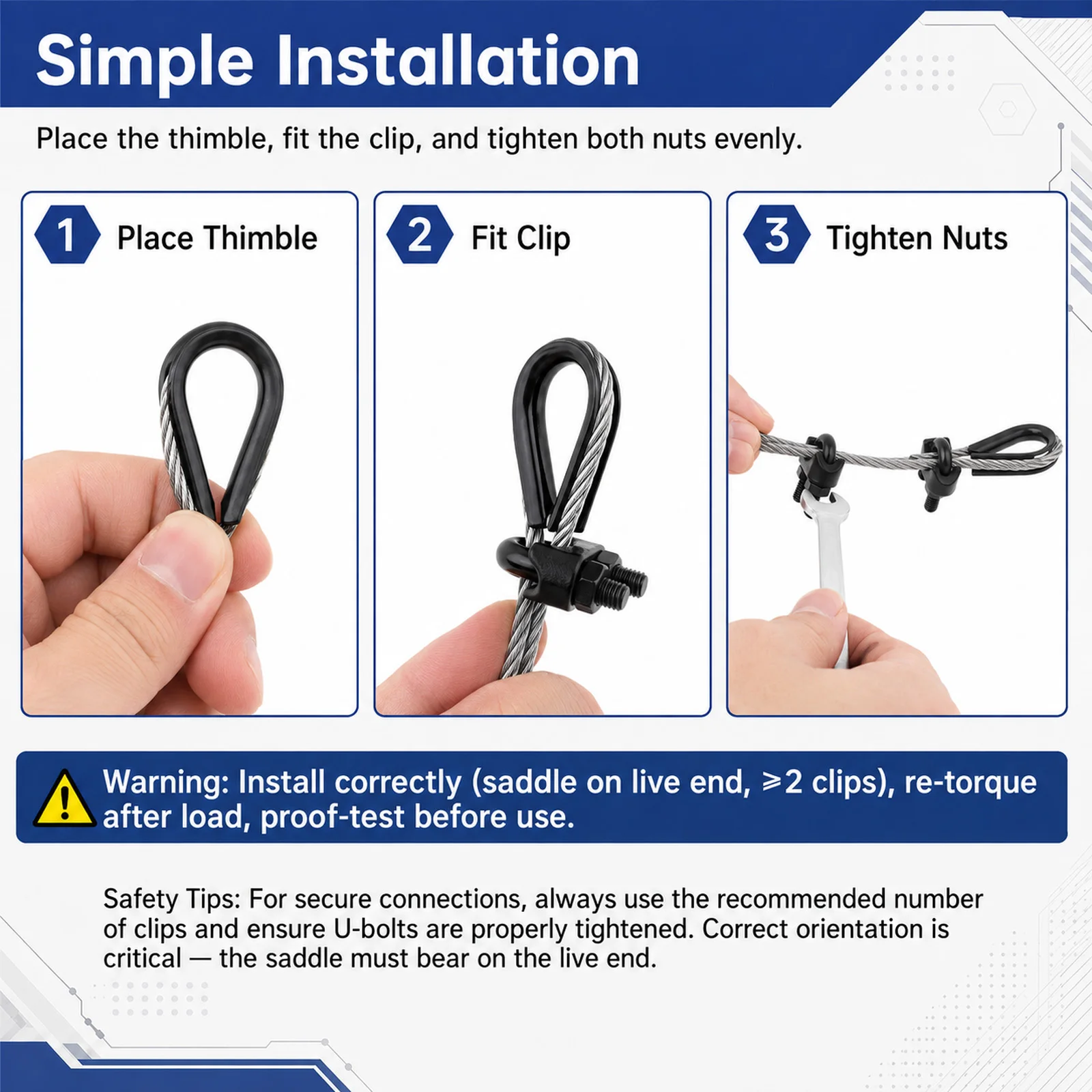 1/8 in (M3) Black Coated Wire Cable Clamps Kit with M3 Thimble for String Lights / Clothes Line / Outdoor Wire