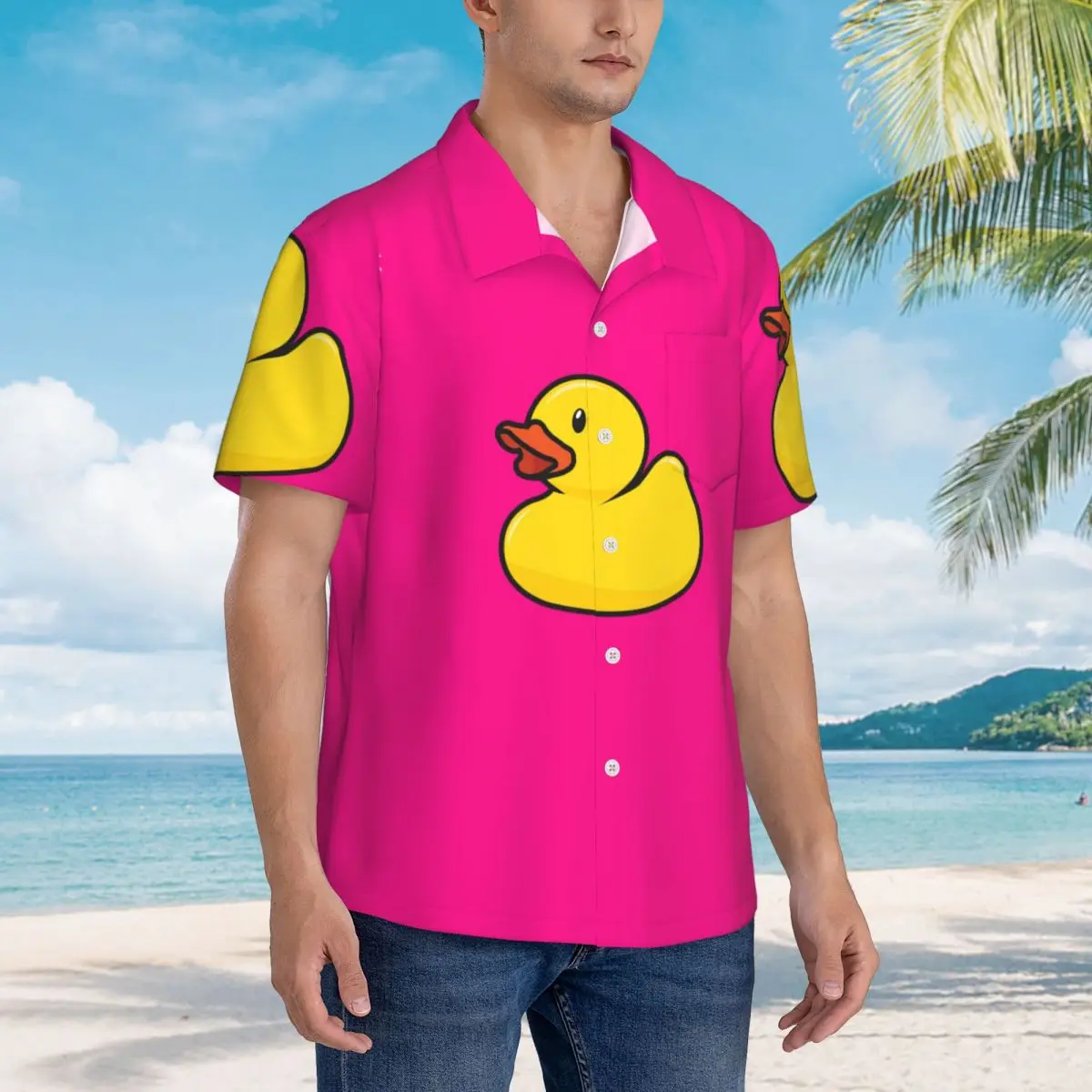 

Ярко-розовые гавайские рубашки с резиновой уткой, повседневная мужская рубашка с коротким рукавом для лета, пляжа, мужские топы на пуговицах