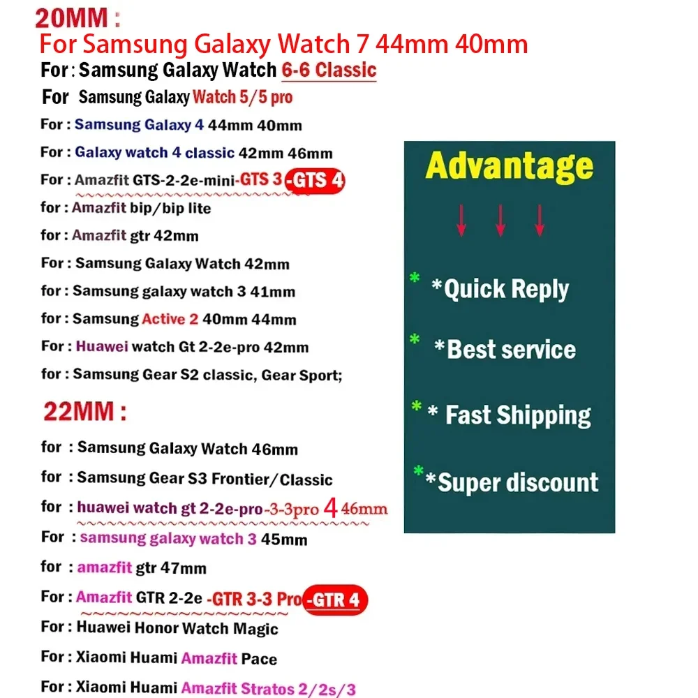 20mm 22mm Strap For Samsung galaxy watch 7/6/5/pro/4/6 Classic 43-47mm/Active 2 Silicone Sport bracelet huawei Gt 4-3-2-2e Band