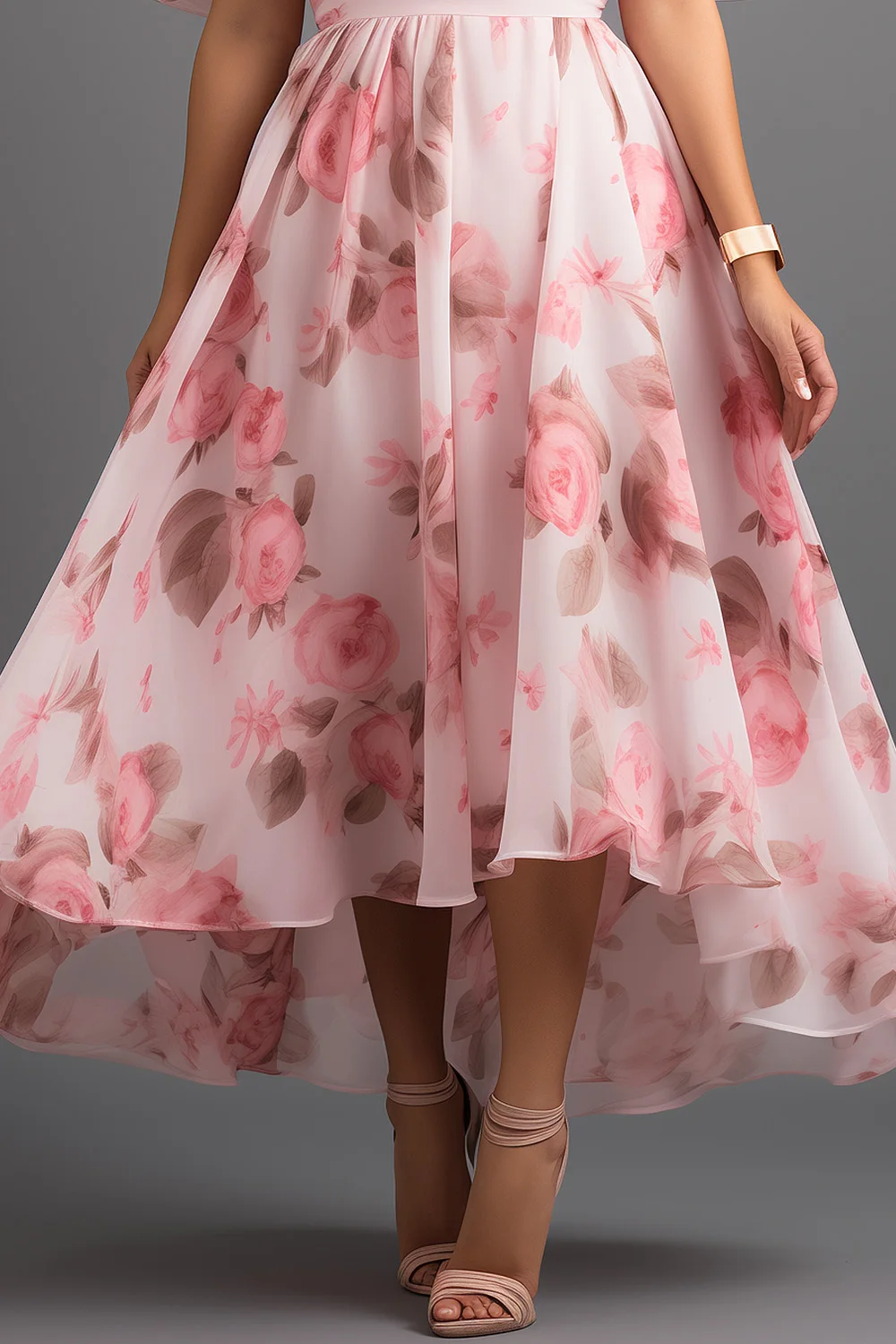 Abito lungo Flycurvy taglie forti per le vacanze in chiffon rosa con stampa floreale con spalle scoperte e orlo alto e basso